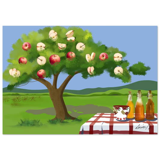 Digital art print med äppelträd och höstlig känsla. Svensk natur i grafisk tolkning – perfekt konst för kök eller matsal.