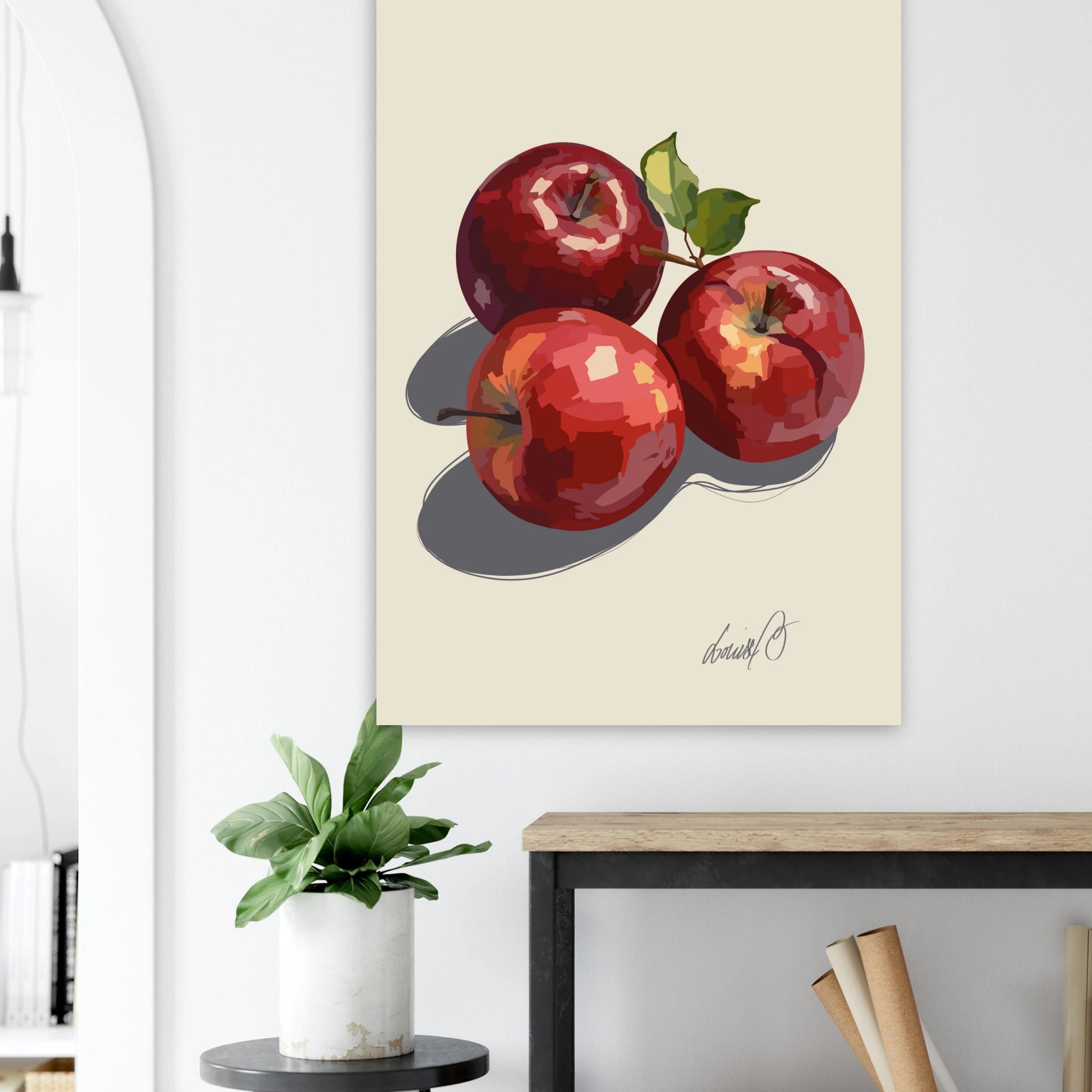 Ett harmoniskt äppelprint i varma röda nyanser med mjuka skuggor och tidlös känsla. Perfekt för ett varmt och personligt hem.