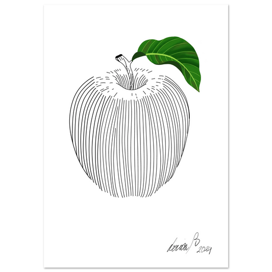 Digital art print av äpple i svartvitt med grönt blad. Stilren och modern illustration med nordisk känsla.