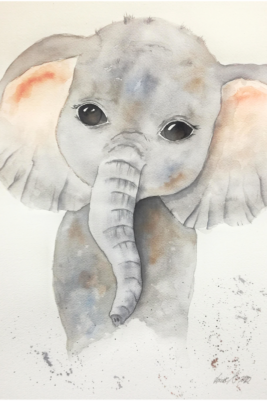 Söt akvarellmålning av en liten elefant. Perfekt barnrumstavla som skapar en varm och trygg känsla i inredningen.