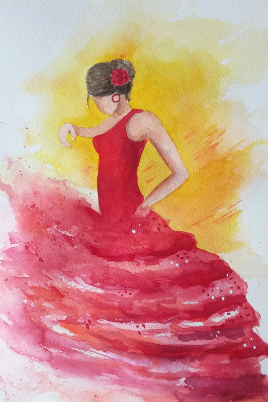 Akvarellmålning av flamencodansare. Färgstark konst som fångar passion, rytm och känsla. Perfekt för den som älskar dans, dramatik och livfulla uttryck.