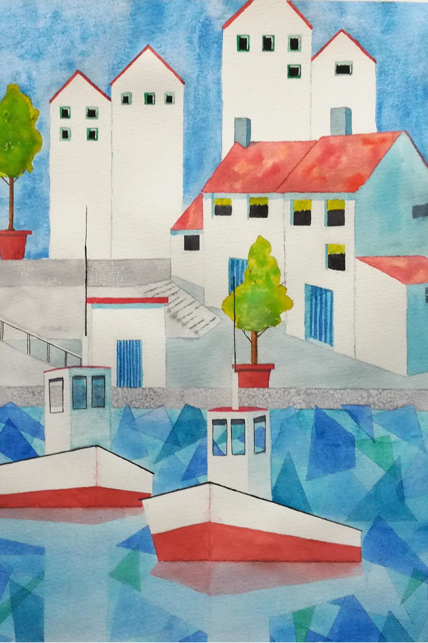 Poetisk akvarellmålning av hamnmiljö med båtar och vitkalkade hus – en hyllning till havets och stadens möte.