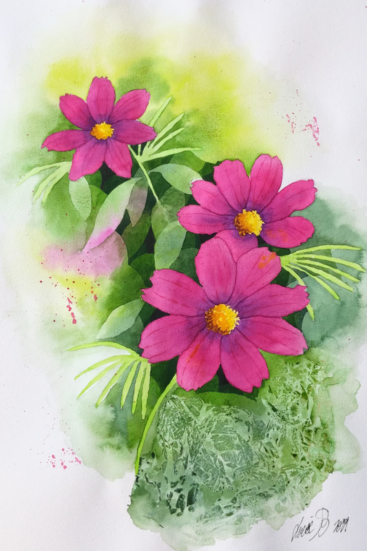 Unik akvarell av rosa blommor mot grönskande bakgrund. Ett färgstarkt konstverk som för in naturens stillhet och energi i ditt hem.