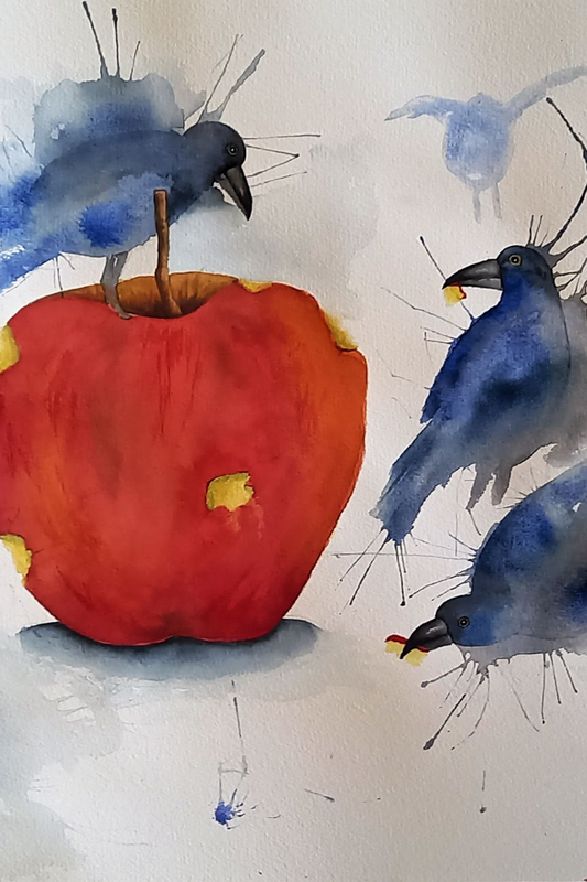 Unik akvarellmålning med blå fåglar runt ett rött äpple. En färgstark kontrast som ger liv åt motivet och väcker nyfikenhet