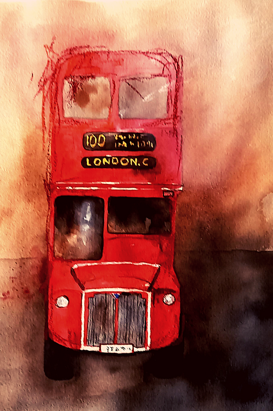 Den klassiska röda dubbeldäckaren fångad i akvarell – ett ikoniskt motiv som för tankarna direkt till Londons puls.