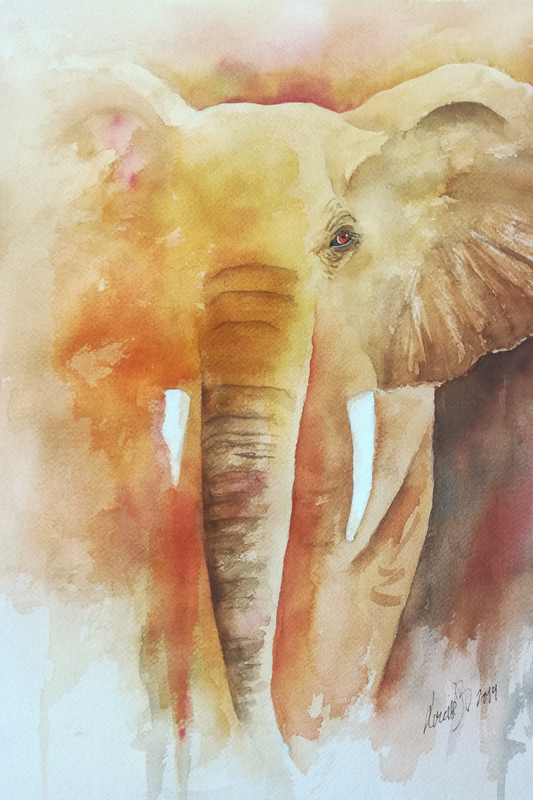 Akvarellmålning av en elefant, skapad i varma nyanser som förmedlar styrka, stillhet och känslomässig närvaro. Perfekt för dig som älskar djurkonst med djup och känsla