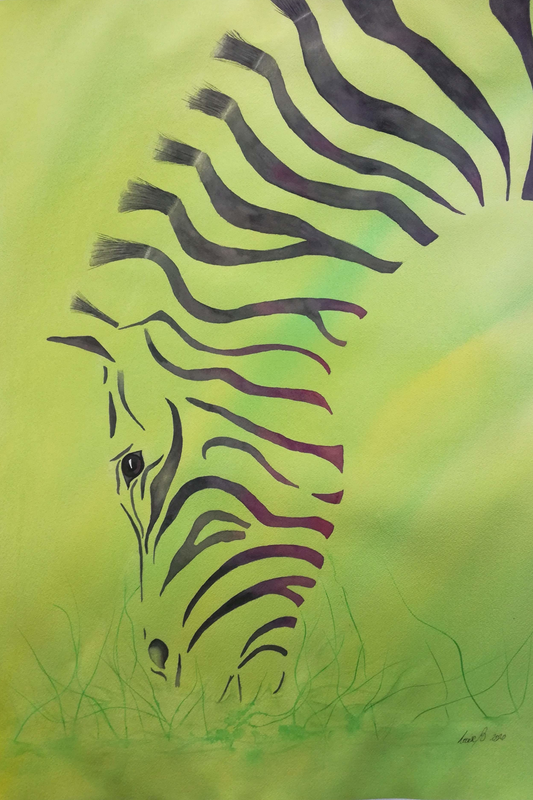 Akvarellmålning av zebra i grön natur. Stilren och modern väggkonst med djurmotiv, perfekt för dig som vill ha en iögonfallande och harmonisk inredningsdetalj.